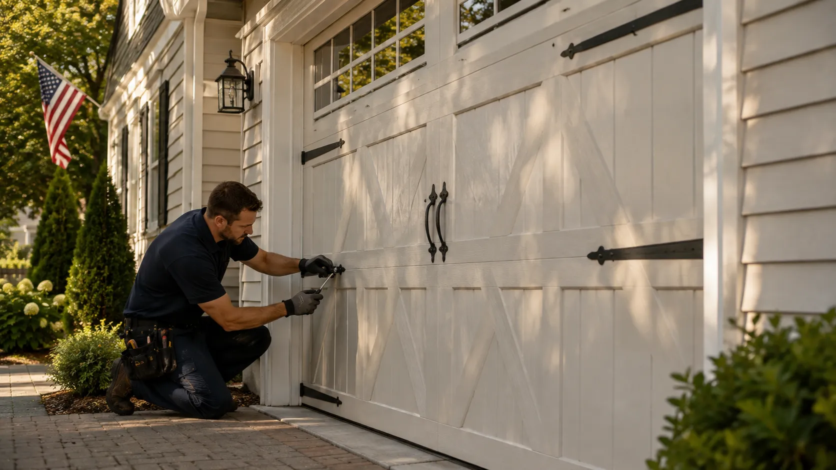 Garage door technician inspecting springs rollers tracks and opener in Peoria Arizona