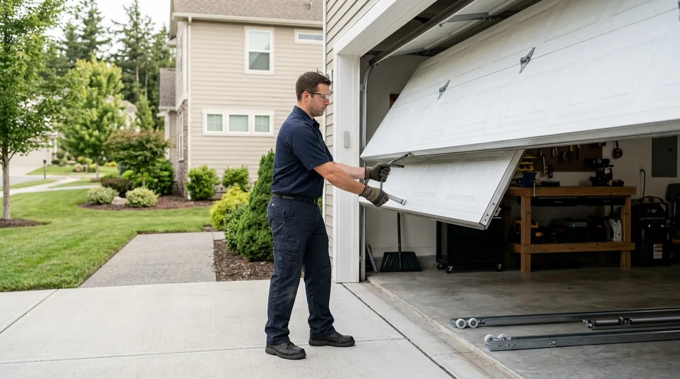 Garage door technician repairing a residential garage door in Peoria Arizona
